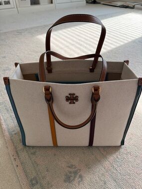 Tote Bag in Beige Canvas with Brown Trim and Multicolor Accents